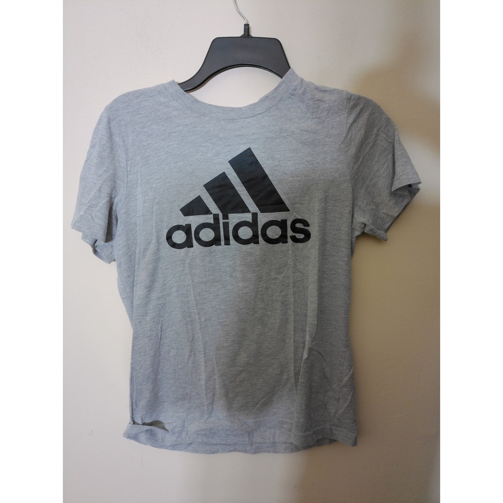 Adidas Graphic T-Shirt Youth Medium 10/12 Gray Black Logo Athletic Sporty Tee
